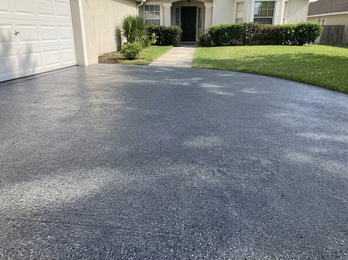 Same driveway after a gray flake polyurea coating