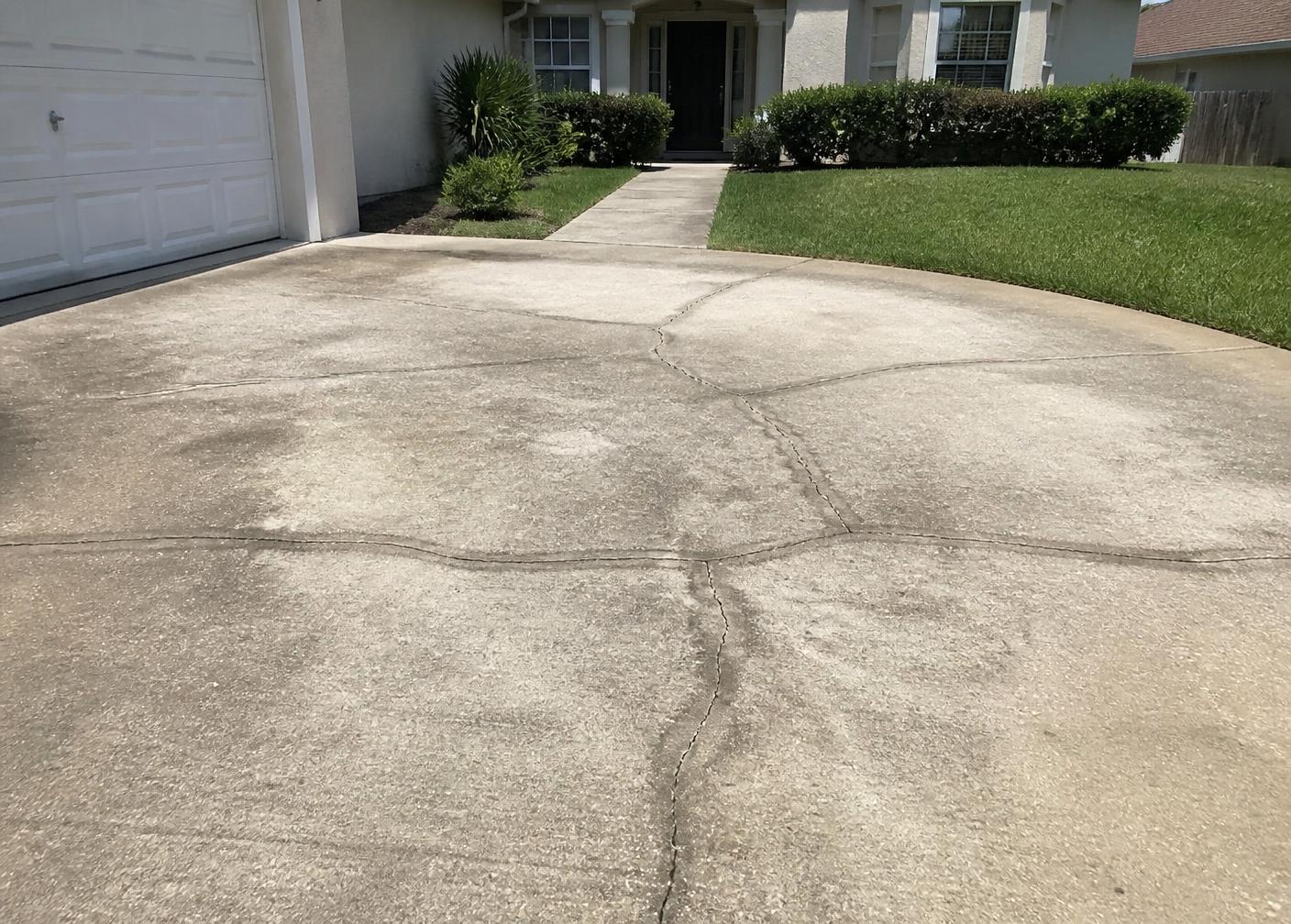 Cracked discolored residential concrete driveway before coating