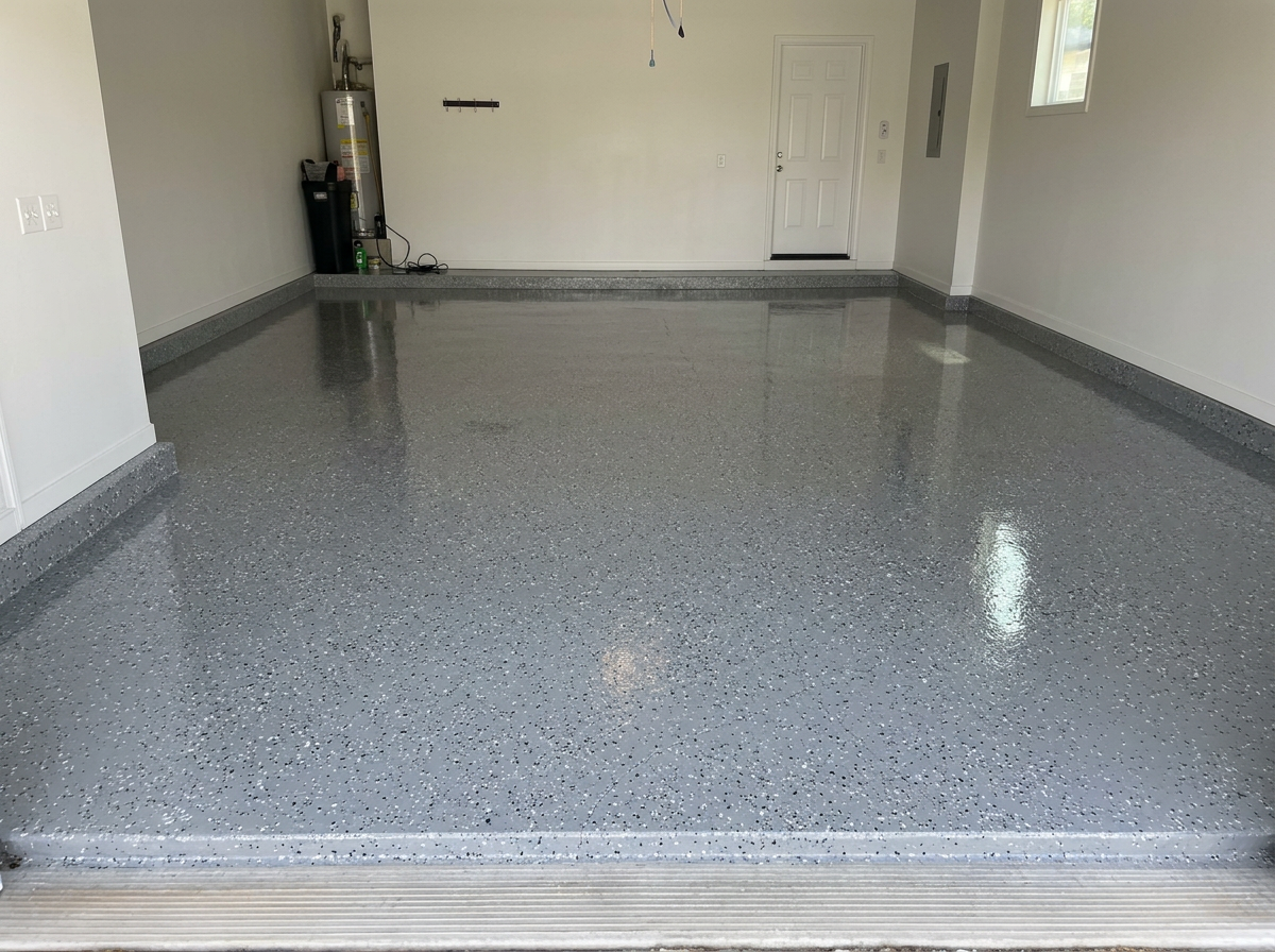 Same garage floor after a gray flake polyaspartic coating installation