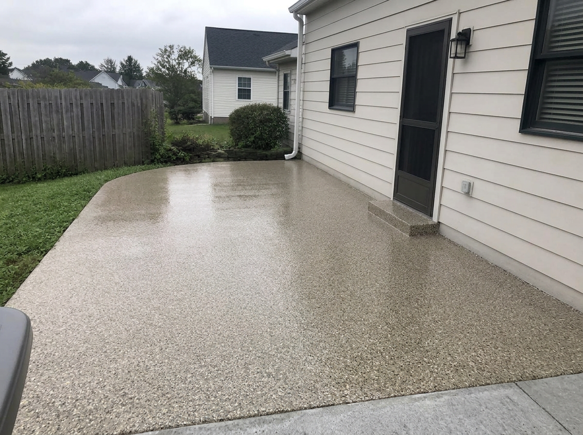 Same patio after a tan flake polyurea concrete coating