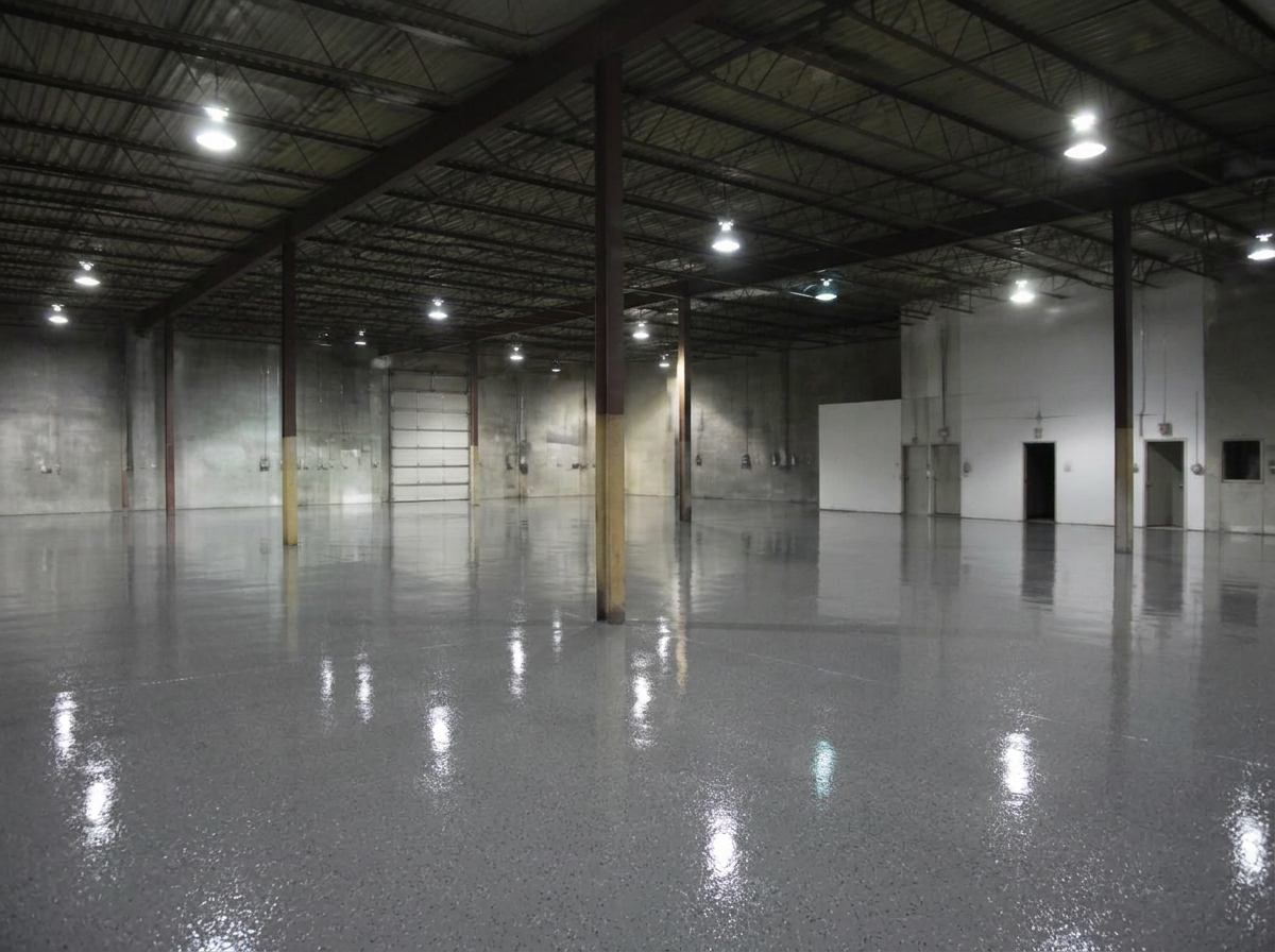Same warehouse floor after a glossy light gray polyaspartic coating