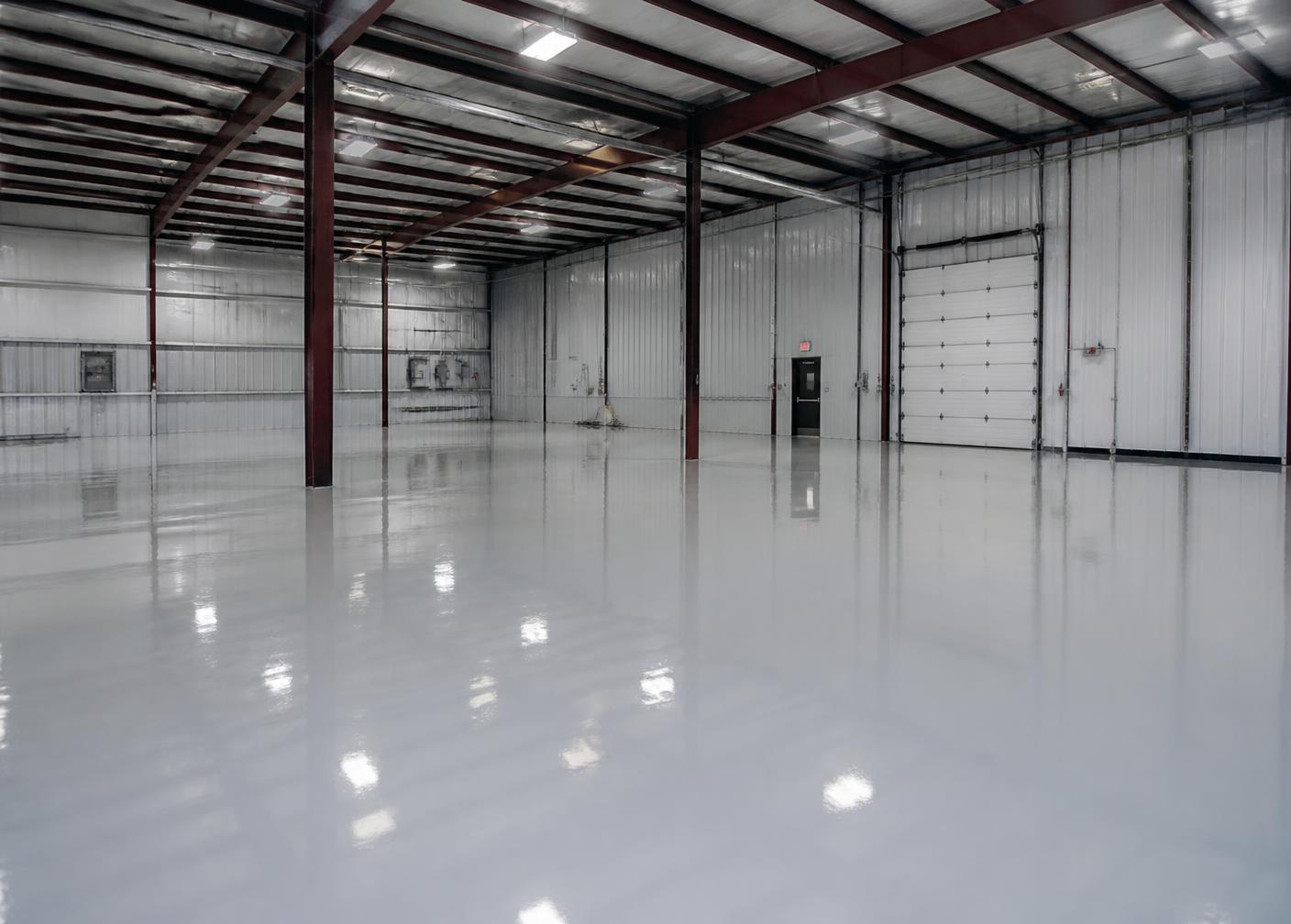 Same warehouse floor after a glossy light gray polyaspartic coating