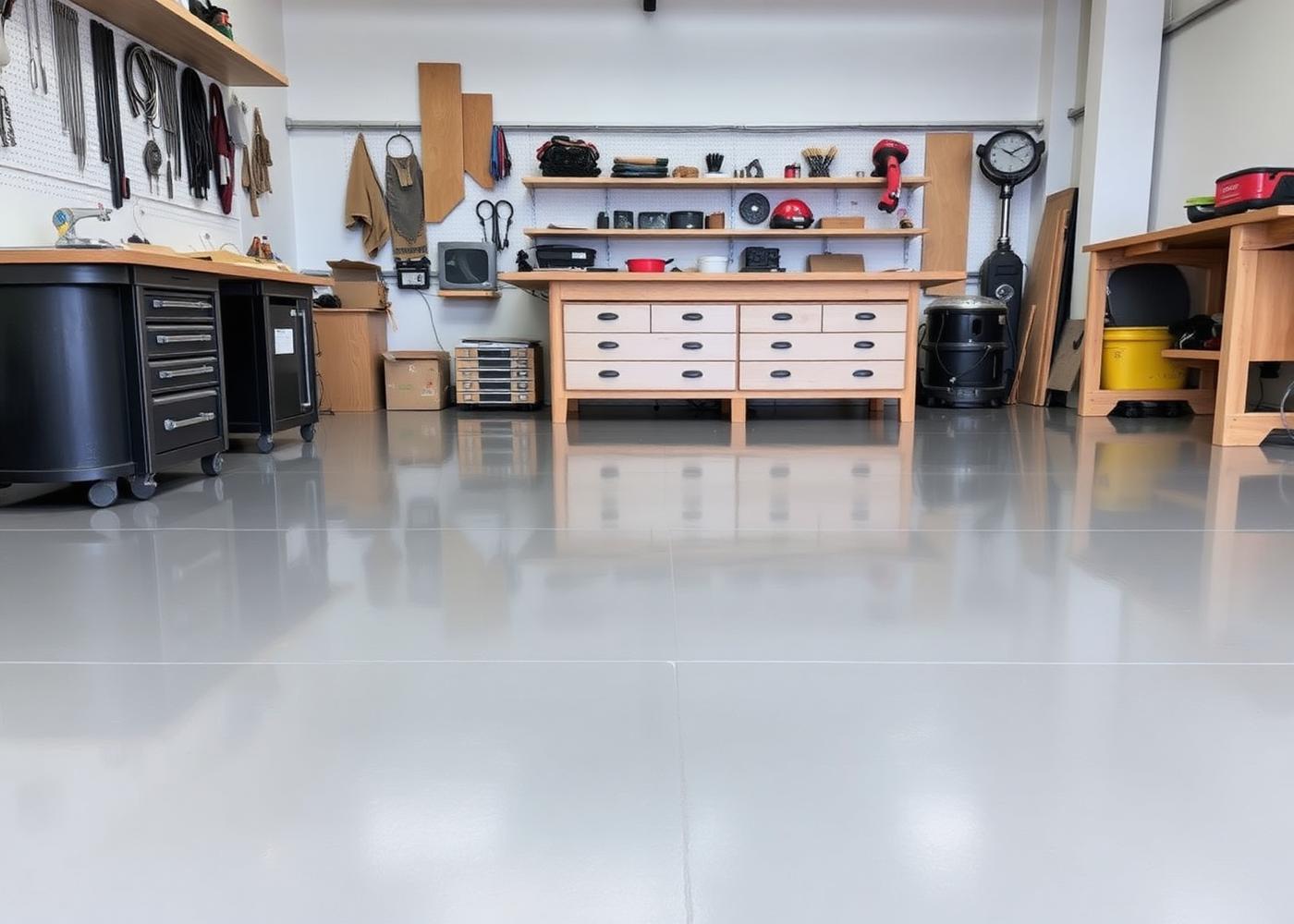 Clean, professionally coated concrete floor in a Dallas area garage or workshop