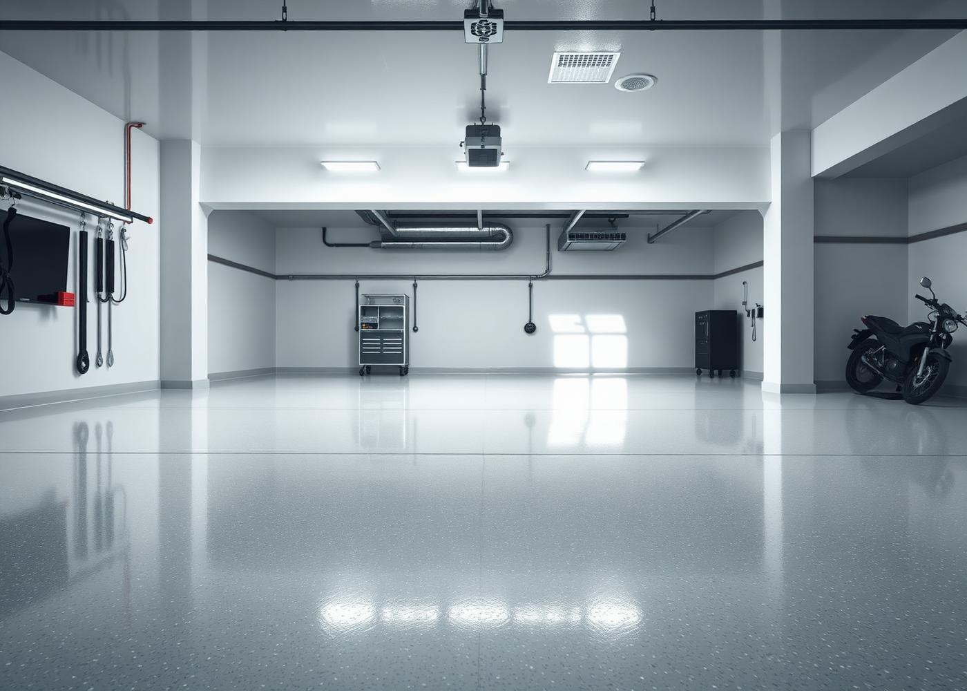 Well-lit garage interior showing a glossy polyurea floor coating with decorative flake chips — PolyGuard of Texas, Dallas, TX