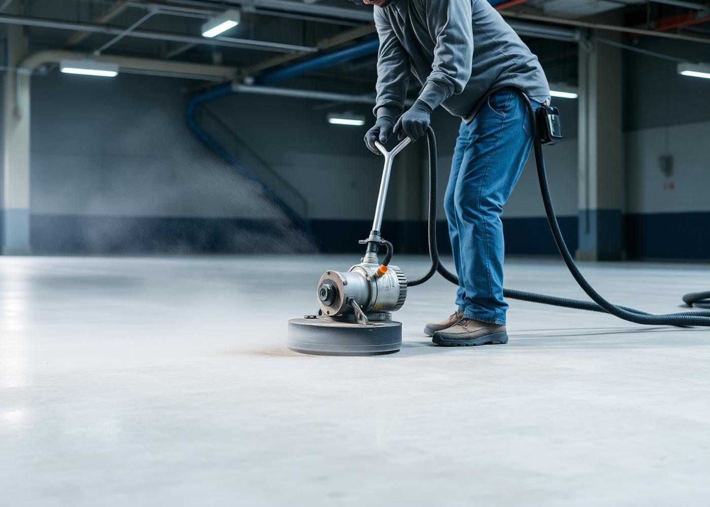 PolyGuard of Texas crew preparing a concrete floor surface prior to polyurea coating application