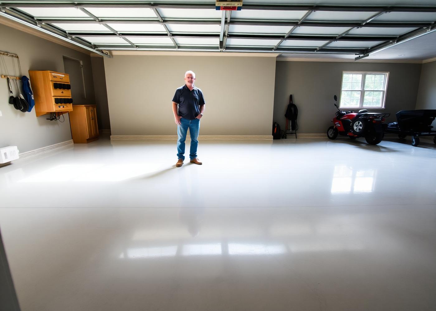 Homeowner reviewing a newly completed polyurea floor coating in a Dallas, Texas garage — PolyGuard of Texas
