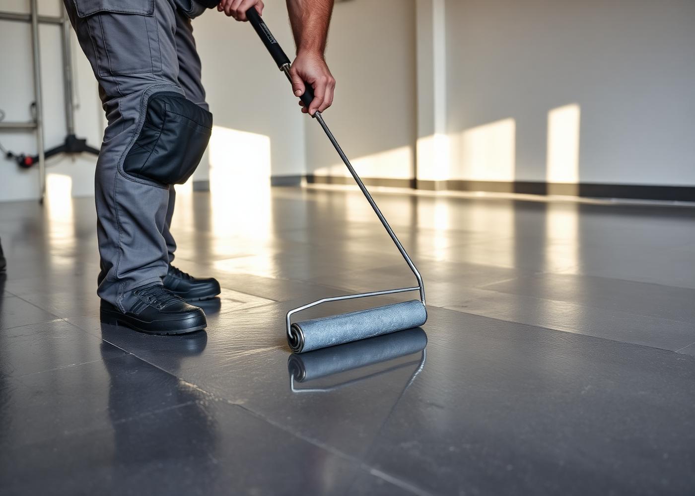 Polyurea floor coating being applied to a concrete garage floor in Dallas, TX