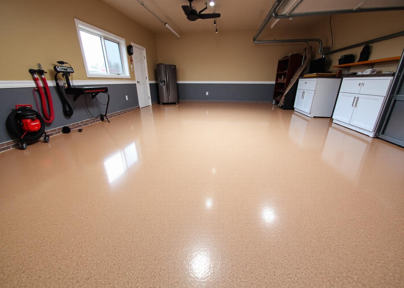 Finished polyaspartic floor coating in a residential garage — smooth, glossy, custom blend